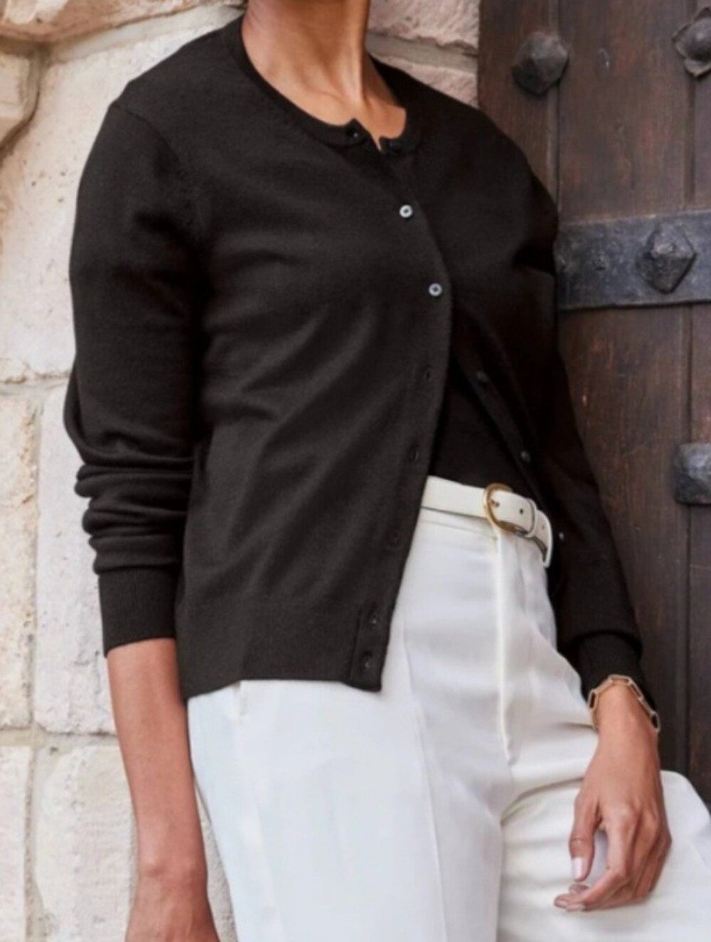 Eddie Bauer Cotton Blend Black Crewneck Button-Front Cardigan 2XL
